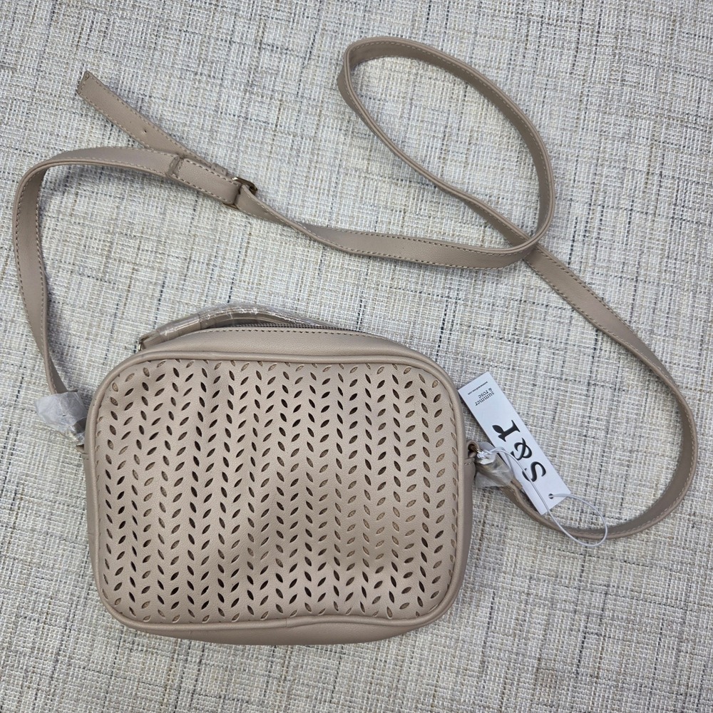 Summer & Rose Tan Beige Laser Cut Perforated Crossbody Bag with Tassel NEW
